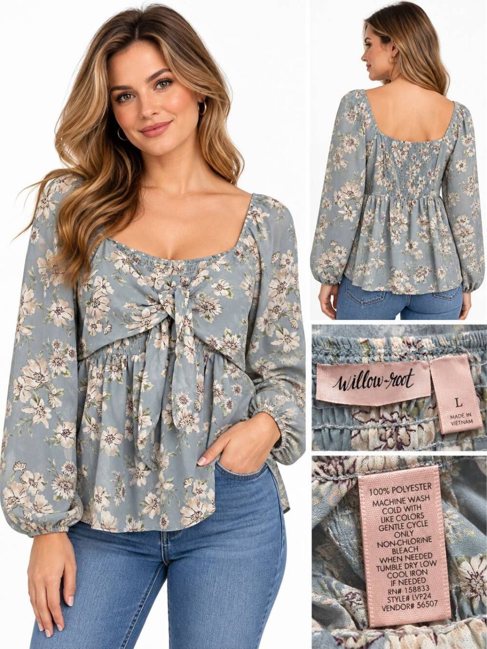 Willow & Root L Blue Floral Tie Front Peasant Blouse